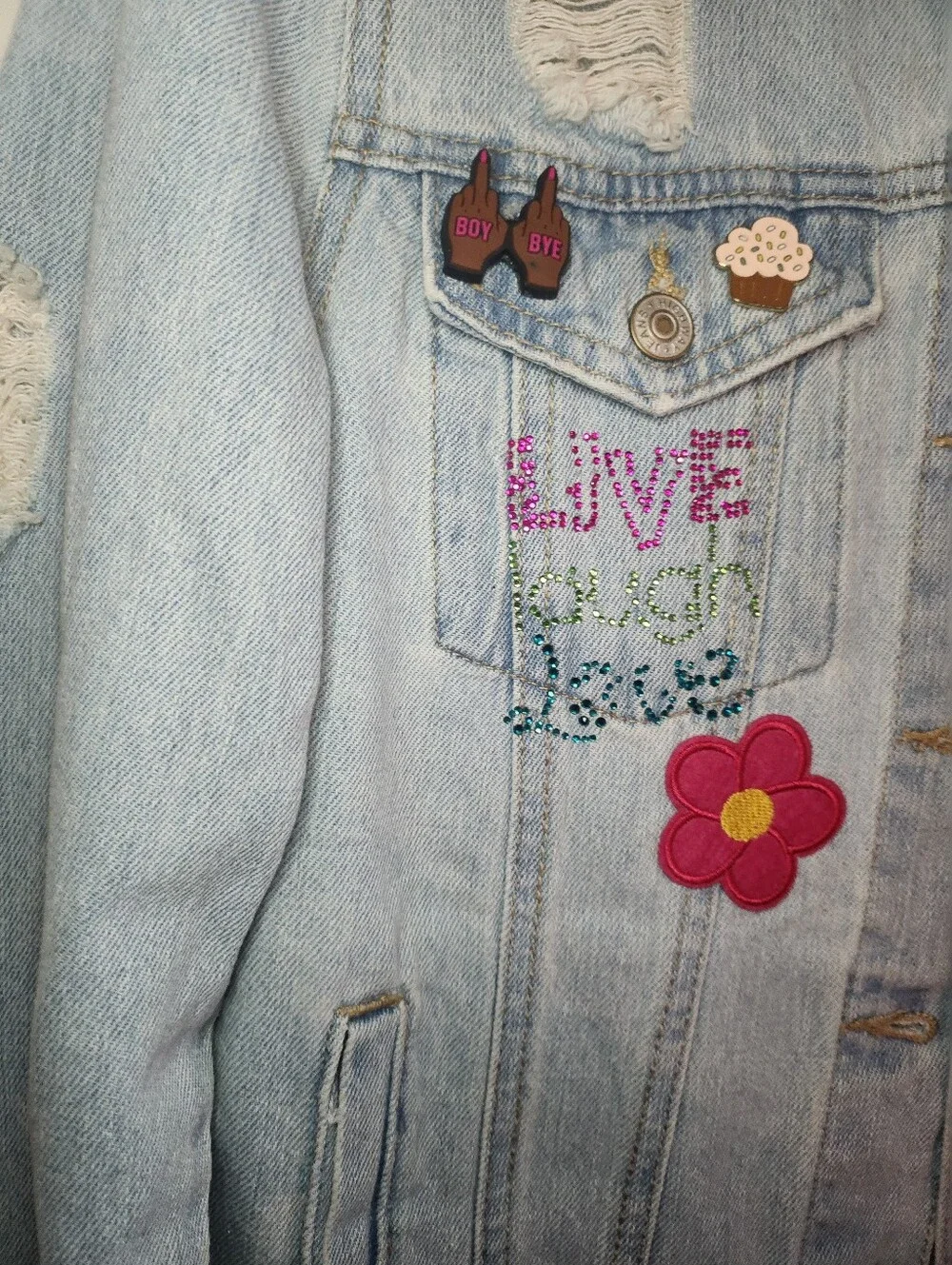 Custom Made 1 Of 1 Light Wash Embellished Denim Jacket with Colorful Patches - Picture 4 of 7